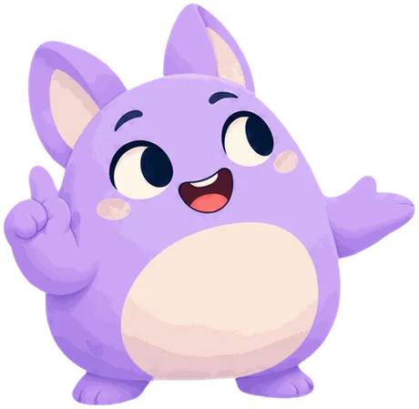 Mochi, a soft purple companion, explaining with one hand raised.