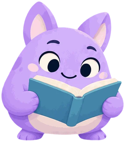 Mochi, a soft purple companion, reading a book.
